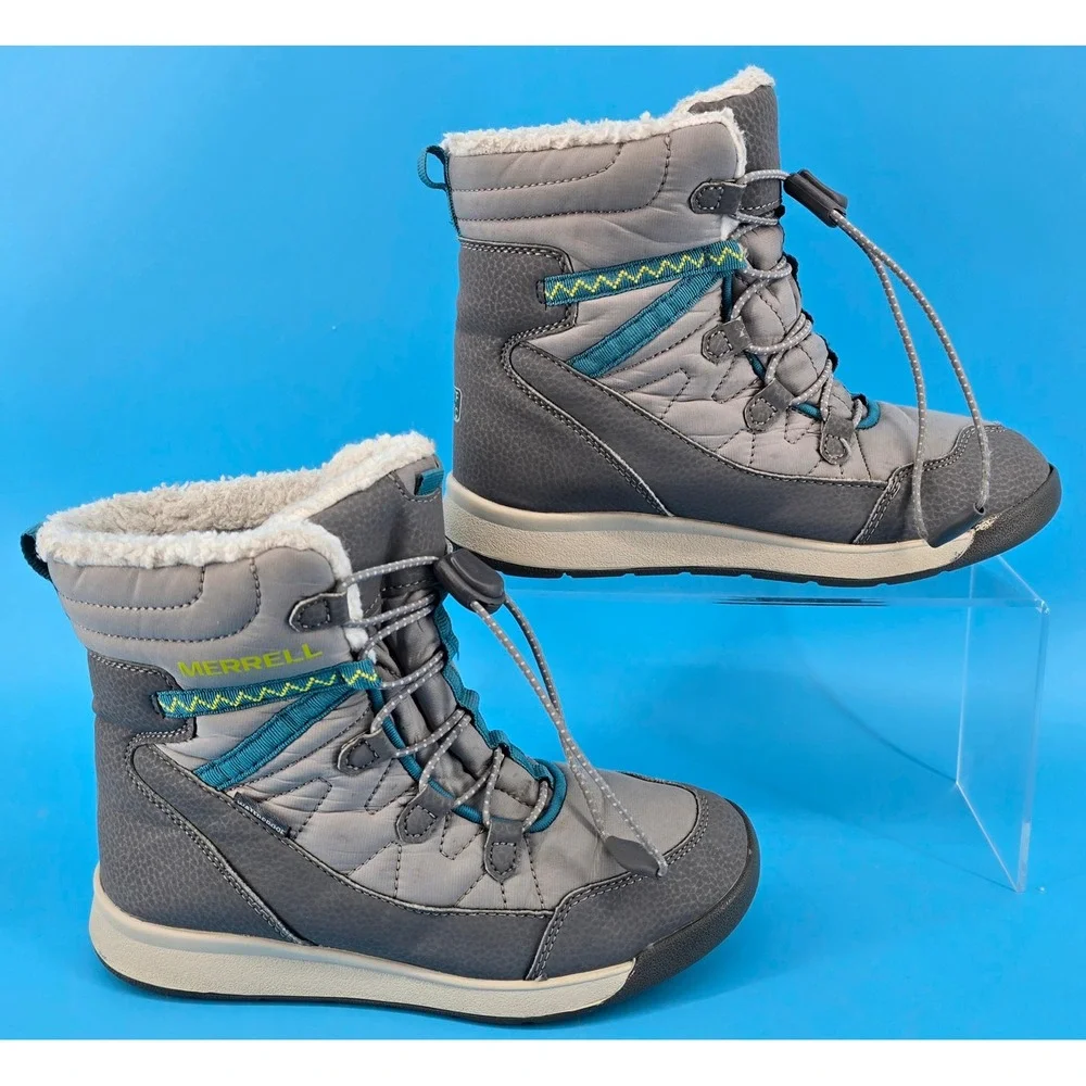 Merrell Snow Crush 3 Winter Boots Girls Sz 2 Waterproof Gray Teal Insulated Warm
